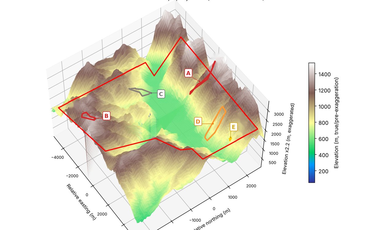 3D terrain render of the Laos exploration property with target areas outlined