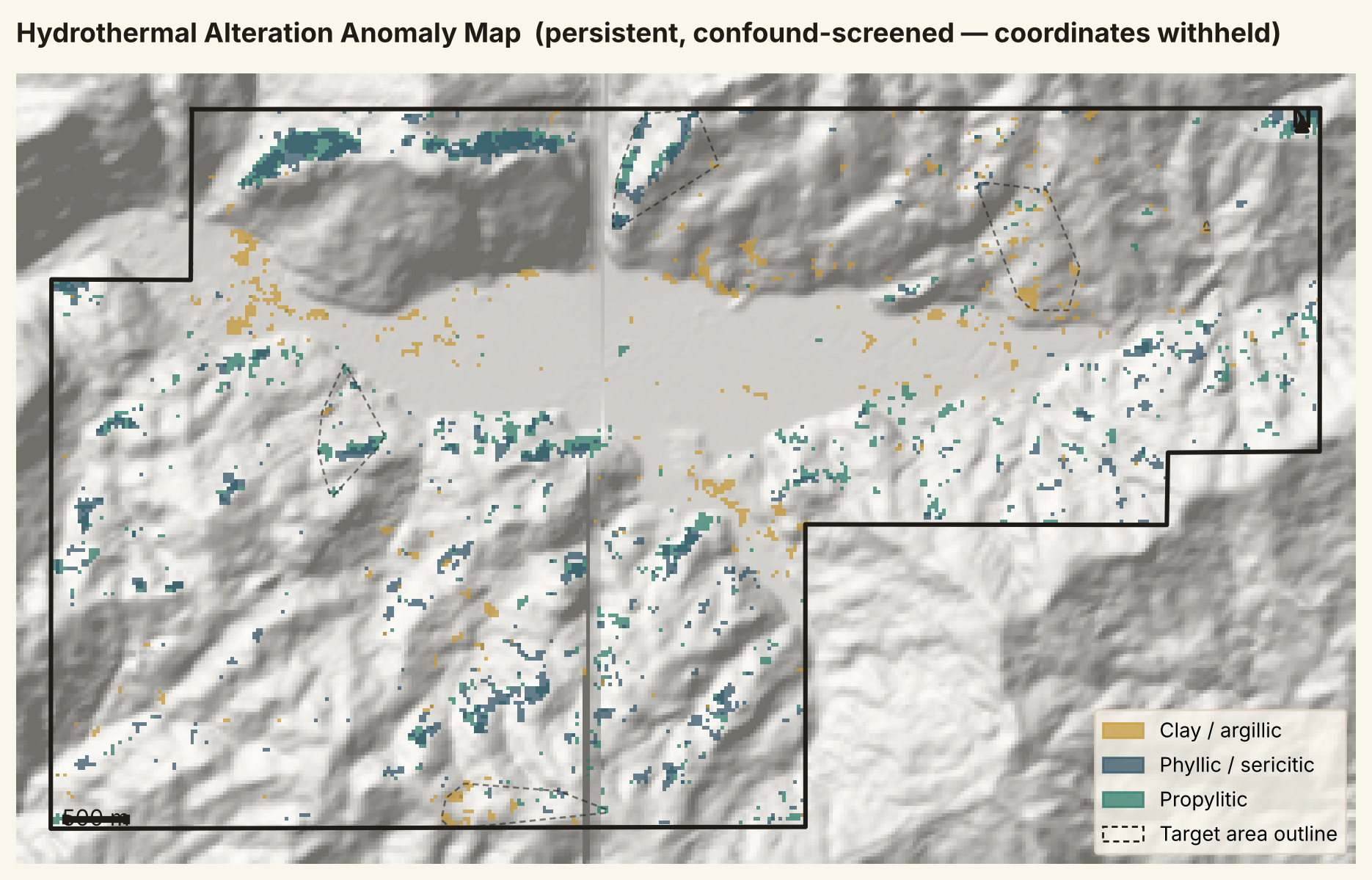 Alteration anomaly map showing clay, phyllic, and propylitic anomaly zones over hillshade terrain