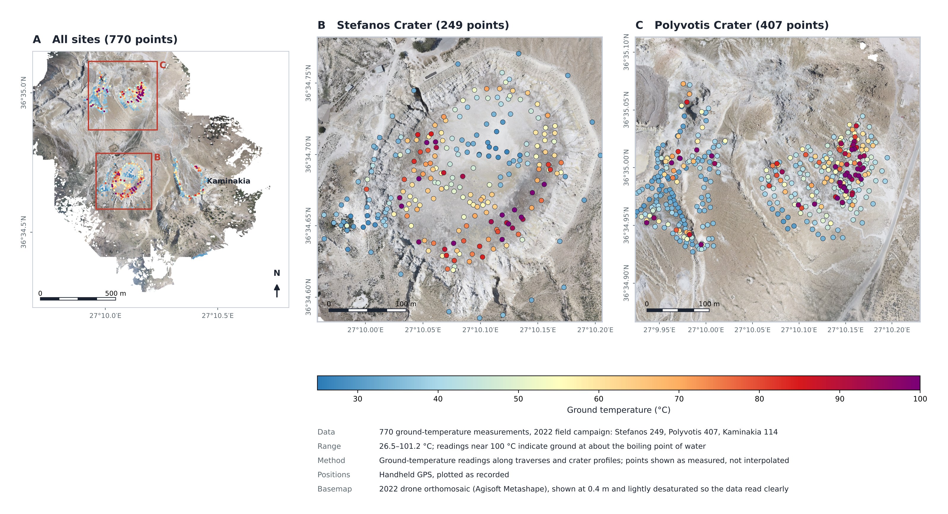 Map of 2022 ground-temperature measurements over the orthomosaic, with an overview and close-ups of Stefanos and Polyvotis craters