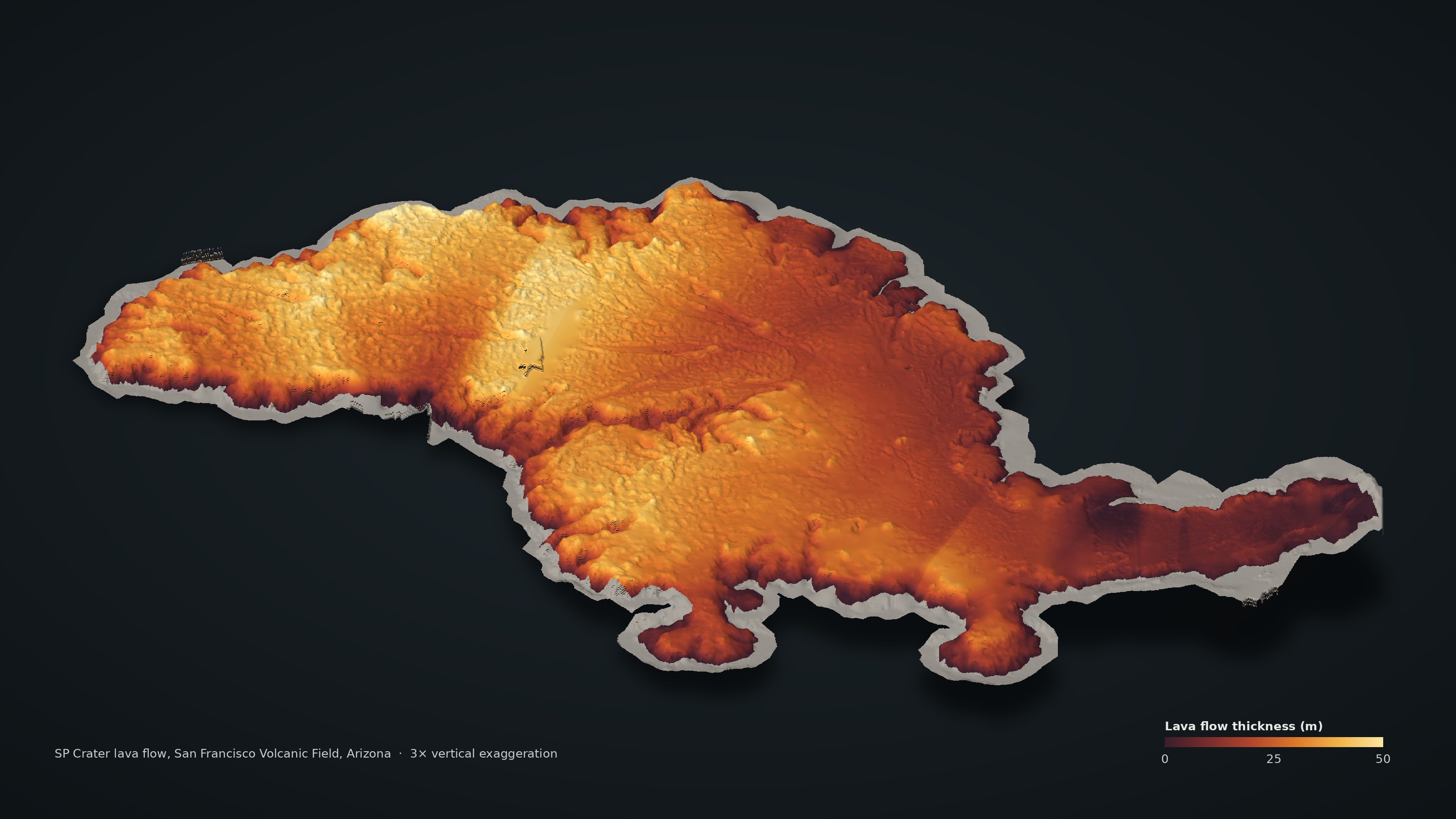 3D render of the SP Crater lava flow coloured by thickness from dark red (thin) to pale yellow (about 50 m thick)