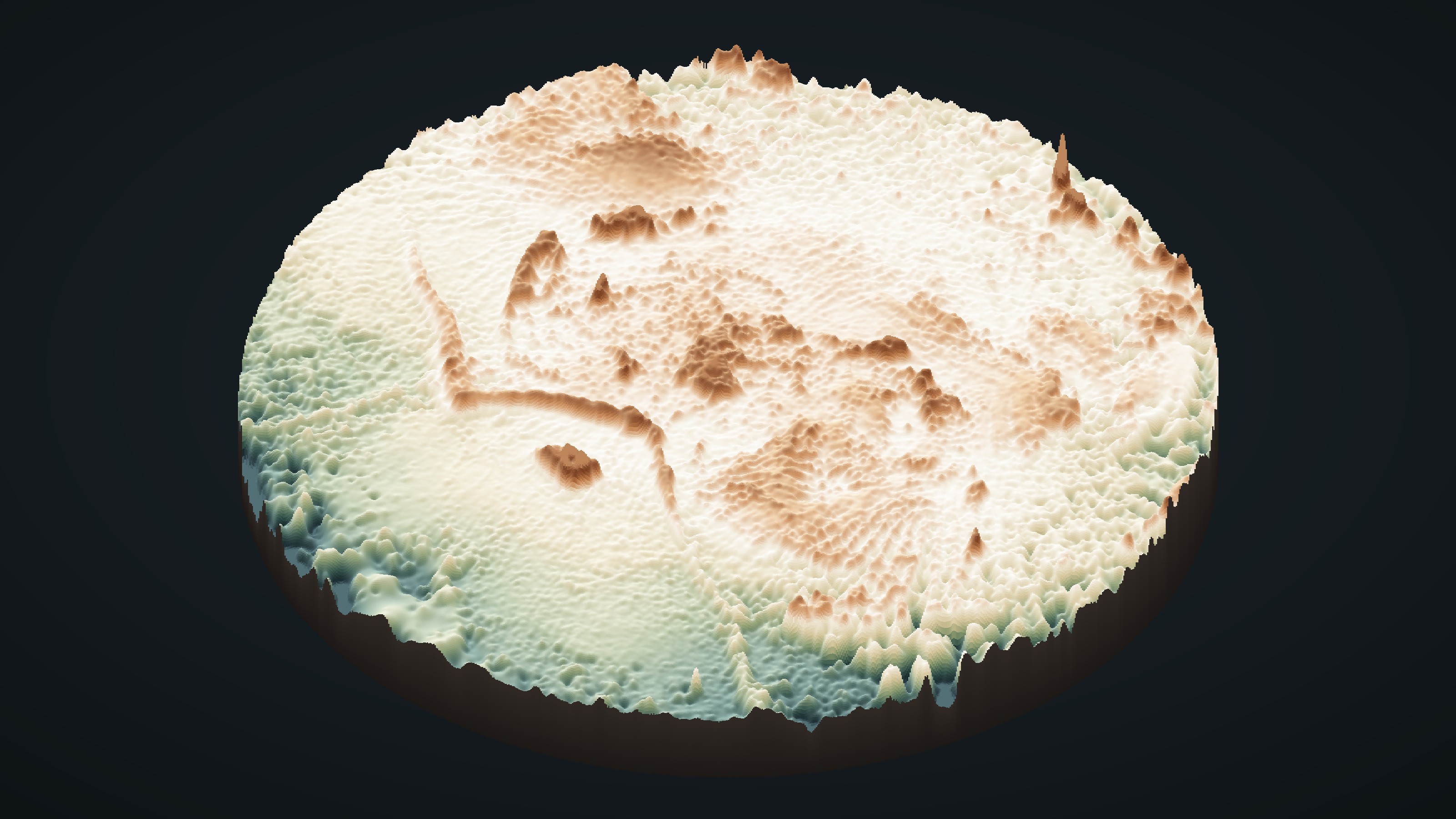 3D render of the LiDAR surface model around Anemone Geyser, showing a pale sinter terrace inside a ring of rougher terrain