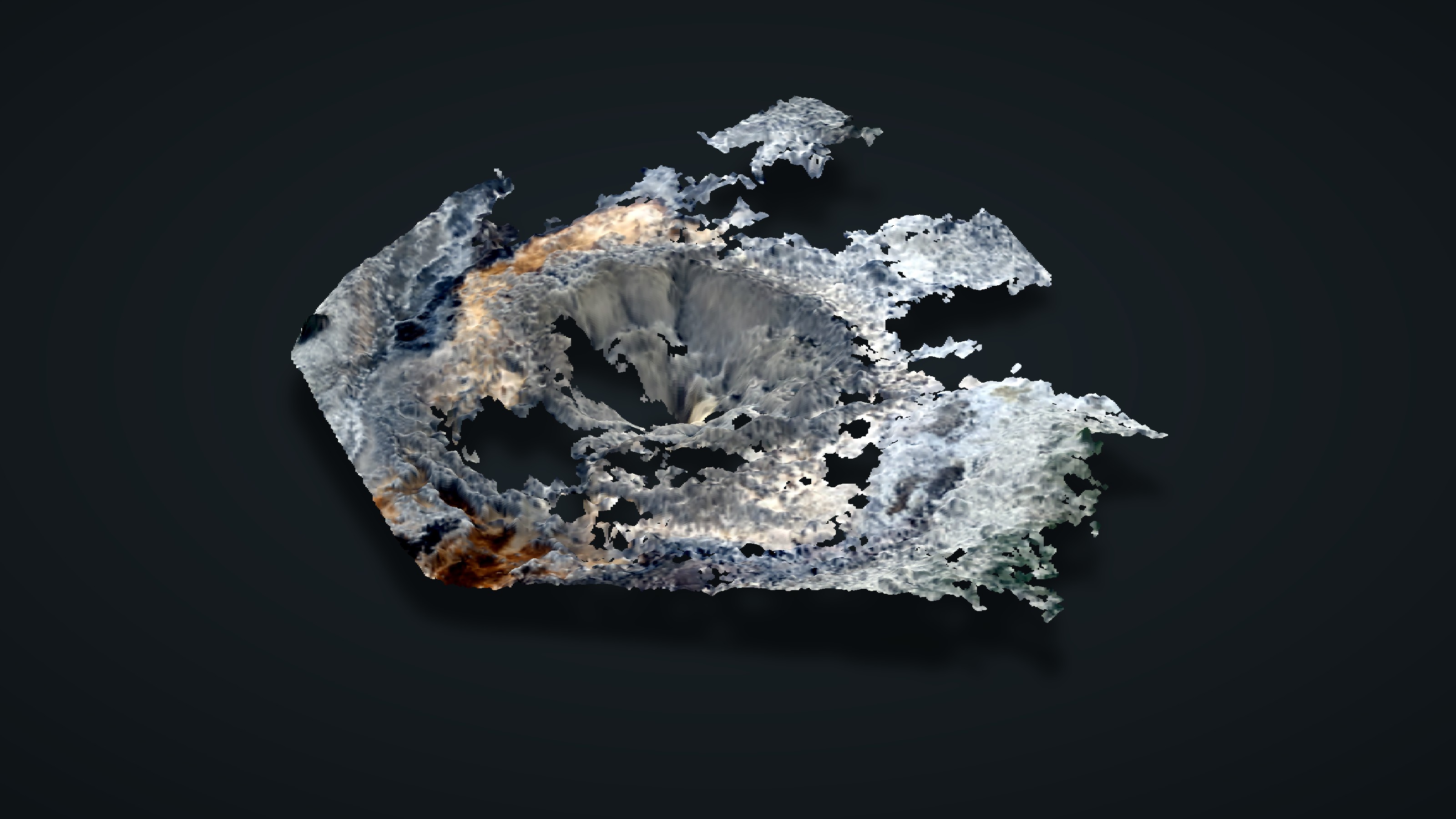 True-colour 3D render of the Anemone Geyser vent crater from the 2022 iPad scan, with gaps where the scan did not capture the surface